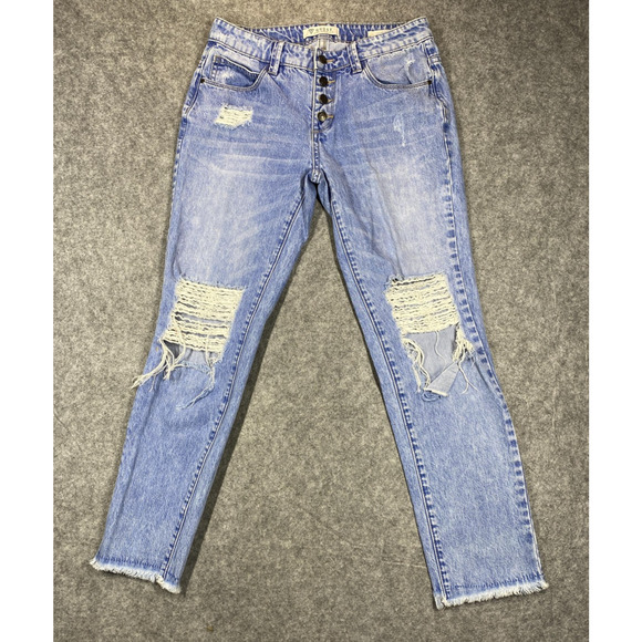 Guess Tomboy Jeans Womens 24 Light Wash Distressed Button Fly Raw Hem Ripped - Picture 1 of 16